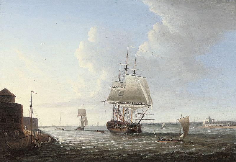 Dominic Serres An English man-o'war shortening sail entering Portsmouth harbour, with Fort Blockhouse off her port quarter Sweden oil painting art